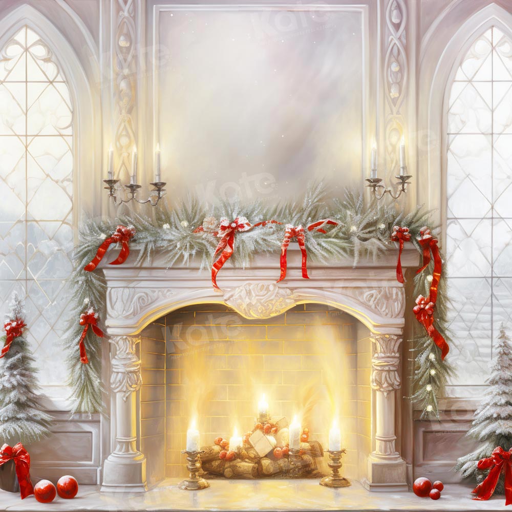 Kate Christmas Fireplace Candlestick Window Backdrop for Photography