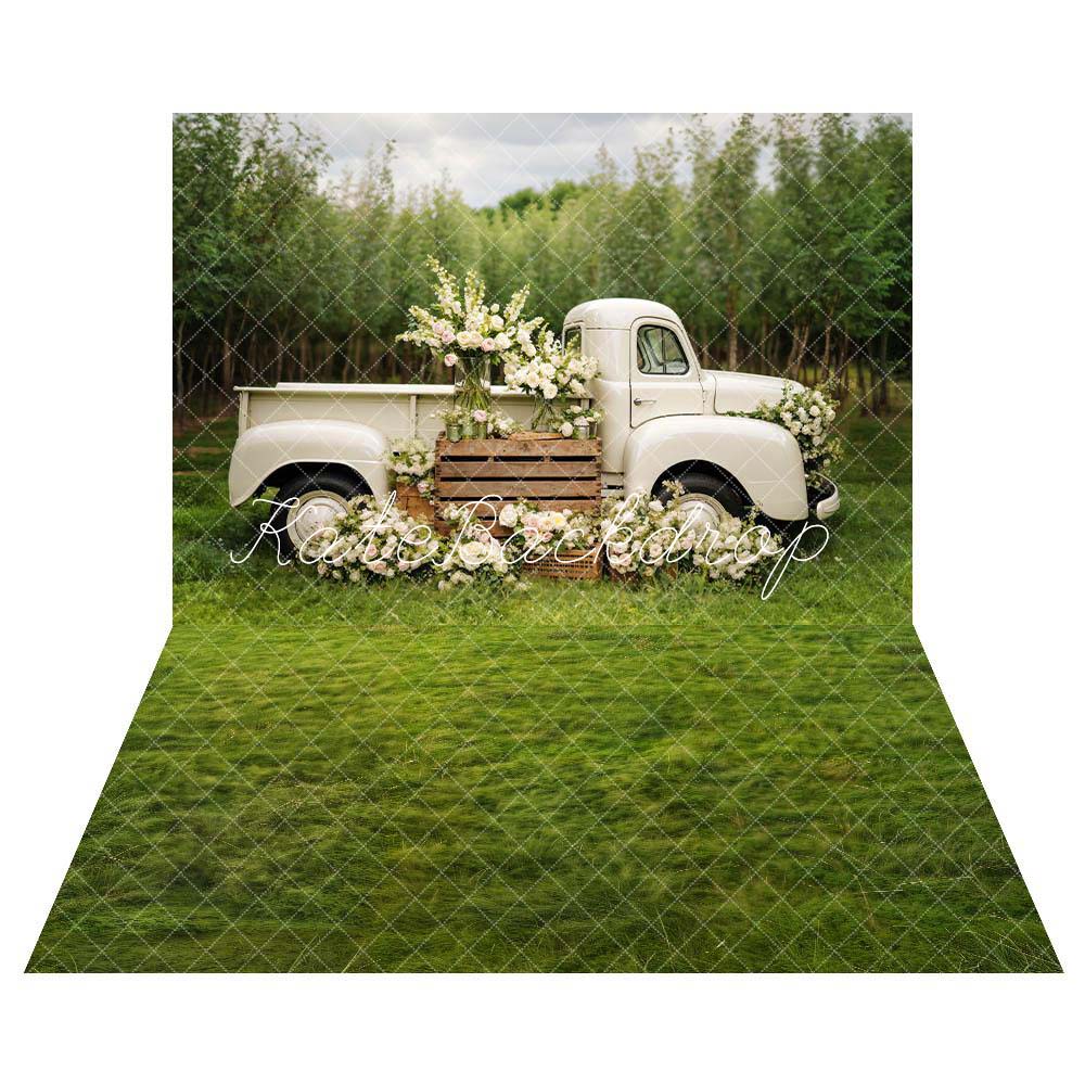 Kate Spring White Flowers Truck Backdrop+Spring Grass Floor Backdrop