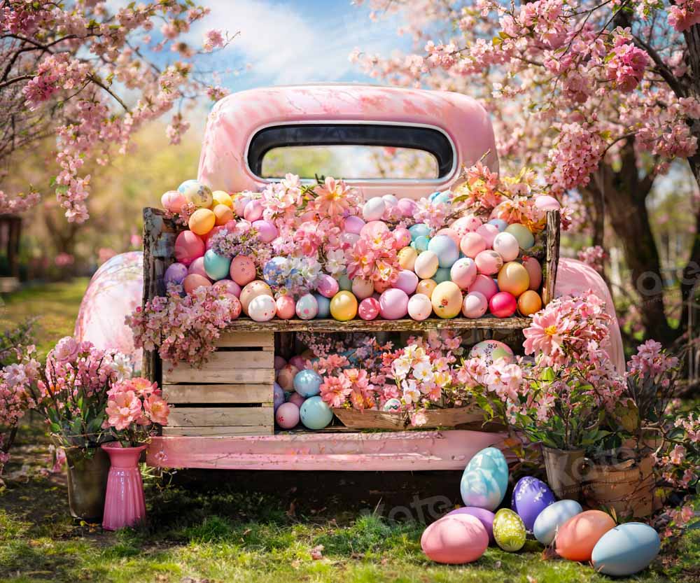 Kate Spring Pink Truck Colorful Easter Egg Backdrop Designed by Emetselch