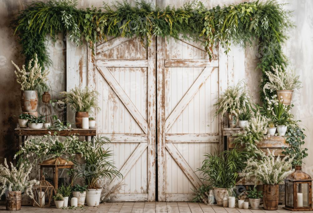 Kate Spring White Barn Door With Green Plants Backdrop Designed by Emetselch