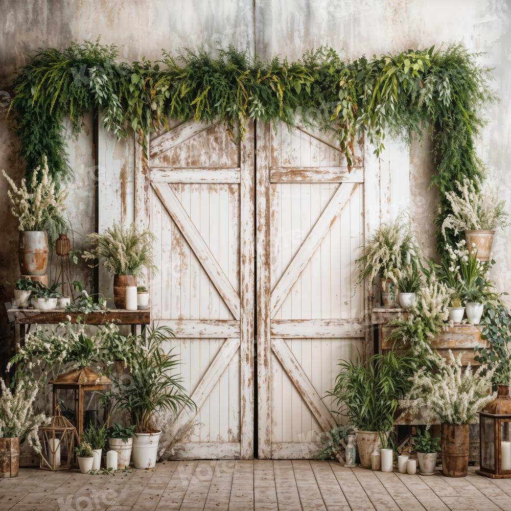 Kate Spring White Barn Door With Green Plants Backdrop Designed by Emetselch