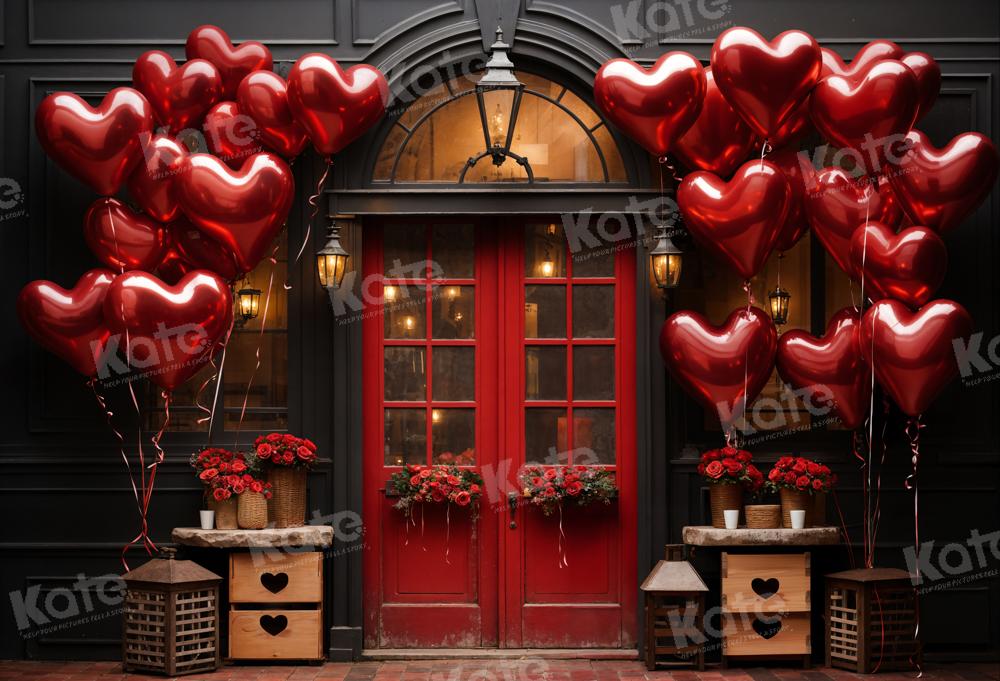 Kate Valentine's Day Balloons Flowers Red Door Backdrop Designed by Chain Photography