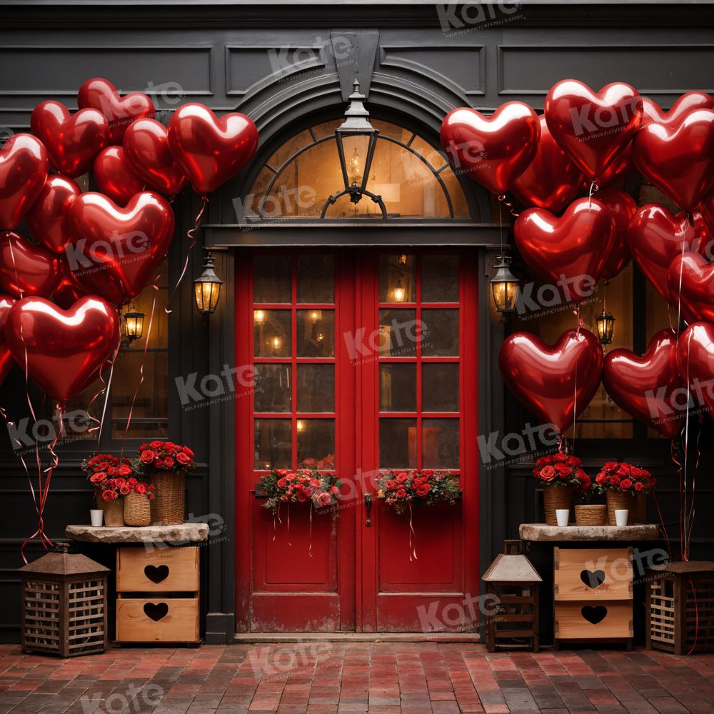 Kate Valentine's Day Balloons Flowers Red Door Backdrop Designed by Chain Photography