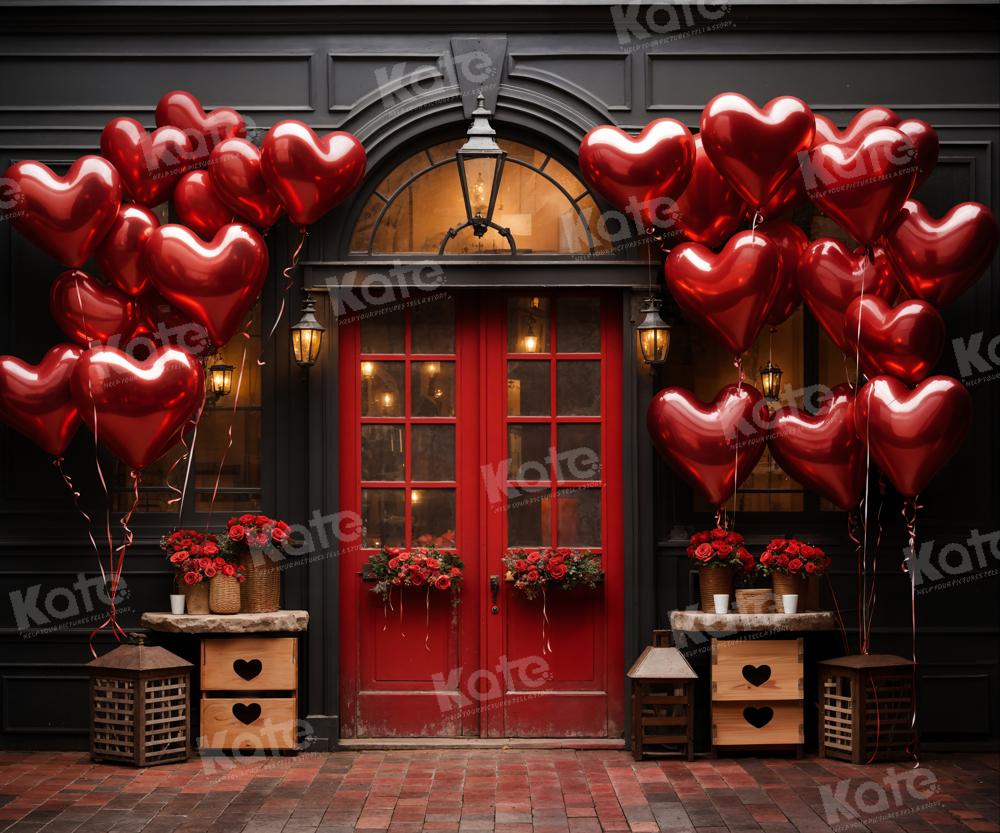 Kate Valentine's Day Balloons Flowers Red Door Backdrop Designed by Chain Photography