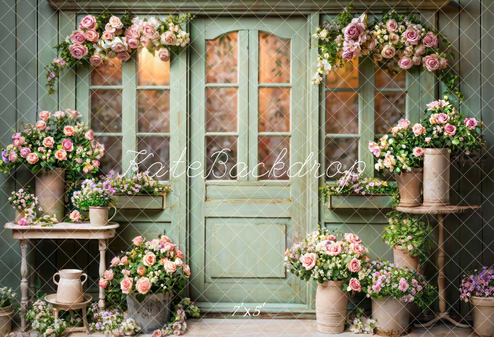 Kate Spring Flowers Green Wooden Door Backdrop Designed by Emetselch -UK
