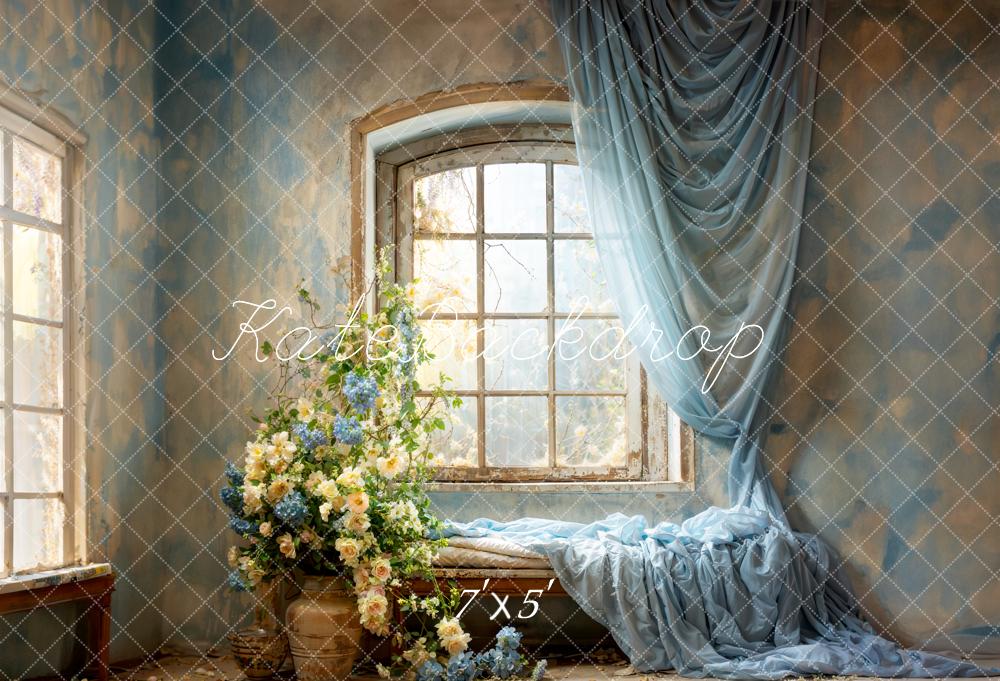 Kate Spring Blue Curtains Flowers Windows Room Backdrop Designed by Emetselch -UK