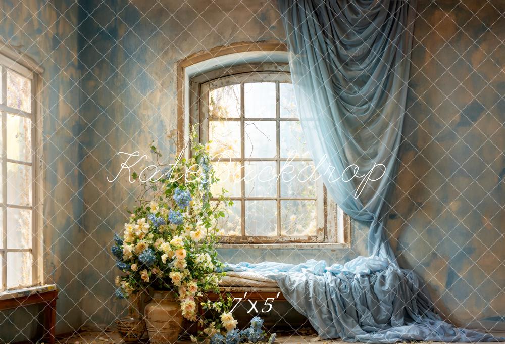 Kate Spring Blue Curtains Flowers Windows Room Backdrop Designed by Emetselch