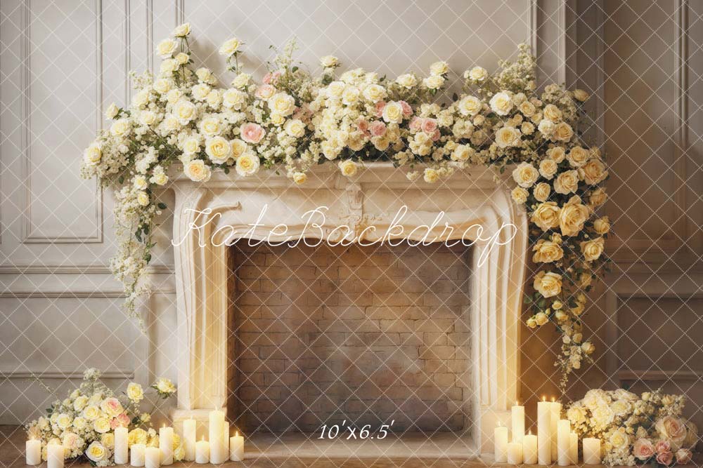 Kate Valentine's Day White Flowers Candle Fireplace Backdrop Designed by Emetselch