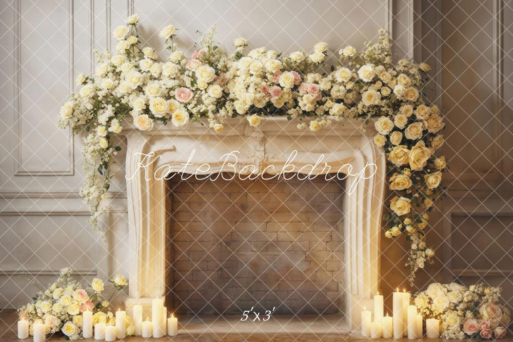 Kate Valentine's Day White Flowers Candle Fireplace Backdrop Designed by Emetselch