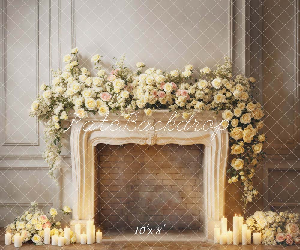 Kate Valentine's Day White Flowers Candle Fireplace Backdrop Designed by Emetselch