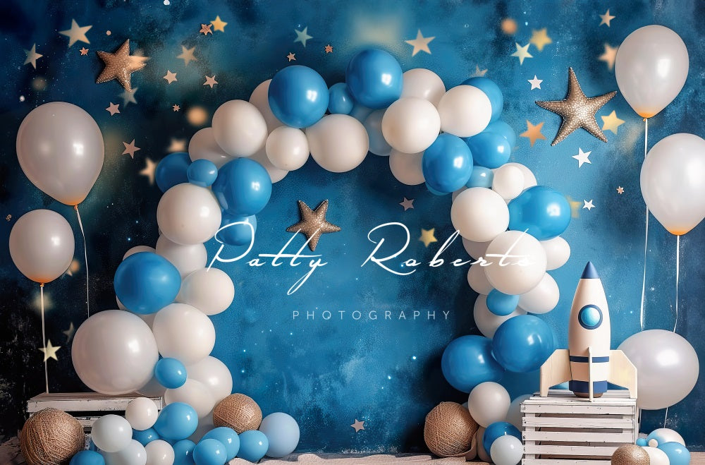 Kate Cosmic Balloons Cake Smash Blue Backdrop Designed by Patty Robert