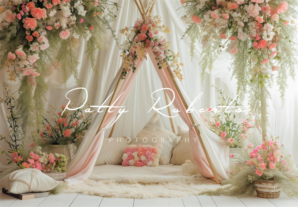 Kate White Spring Teepee with Flowers Backdrop Designed by Patty Robert