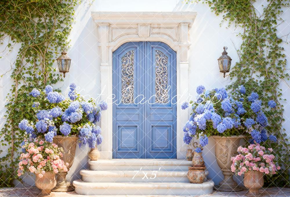 Kate Spring Flowers Blue Door Backdrop Designed by Emetselch -UK