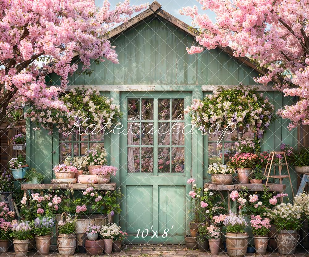 Kate Spring Flower Green Wooden House Backdrop Designed by Emetselch -UK