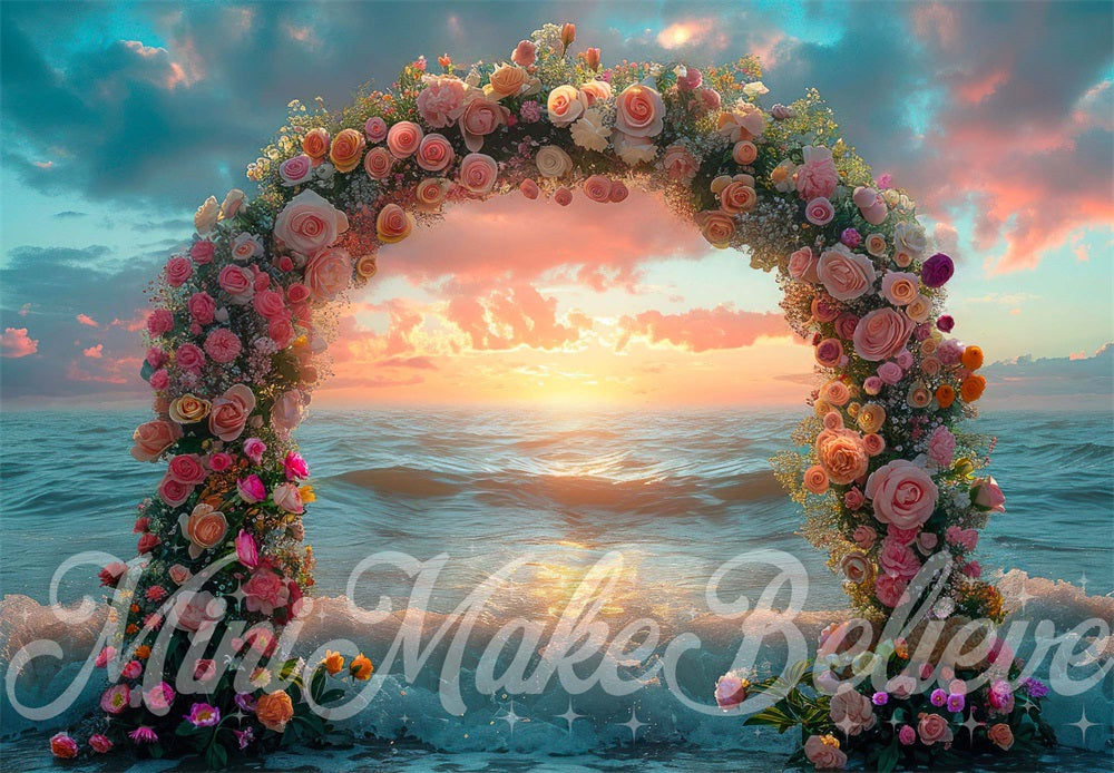 Kate Sunset Flower Arch Ocean Backdrop Designed by Mini MakeBelieve