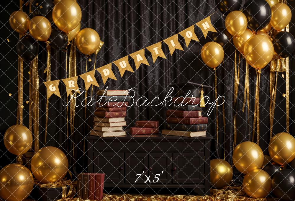 Kate Book Black Curtain Golden Balloon Graduation Backdrop Designed by Emetselch