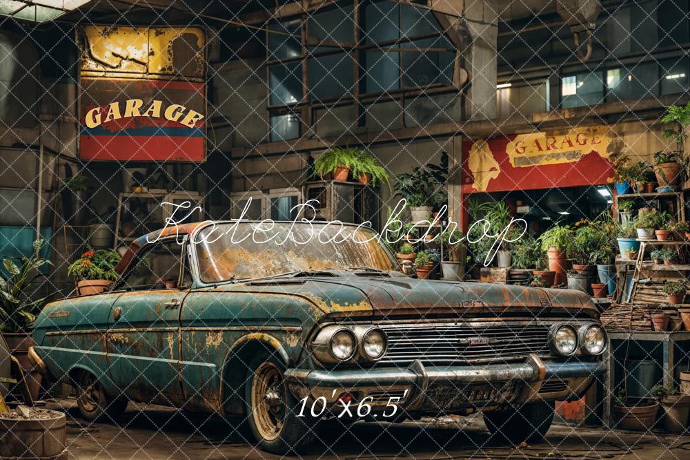 Kate Retro Dark Green Car Garage Backdrop Designed by Emetselch -UK