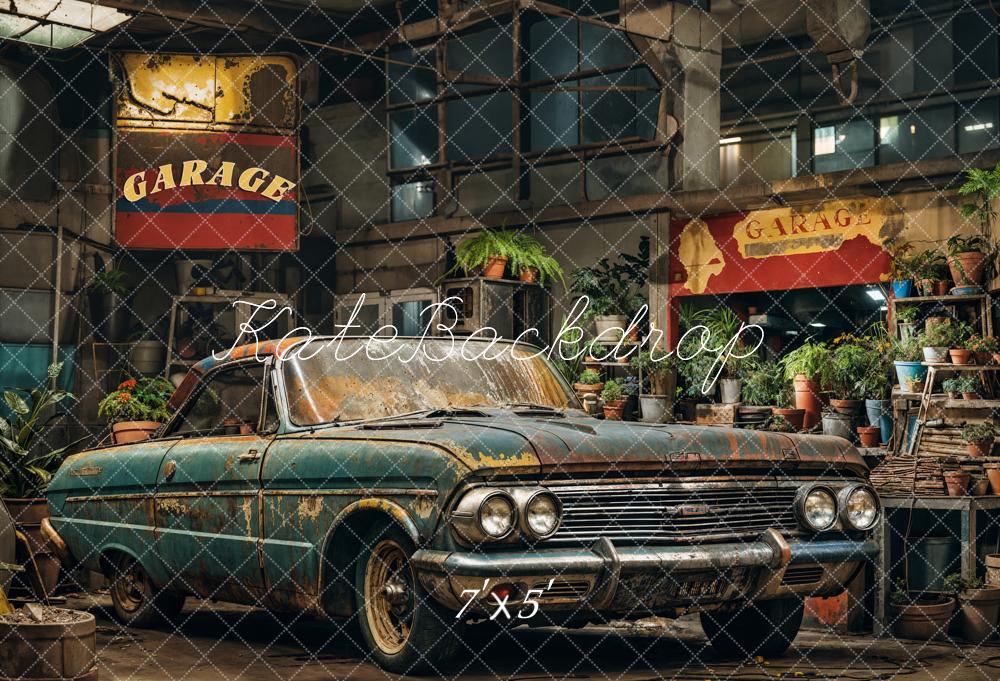 Kate Retro Dark Green Car Garage Backdrop Designed by Emetselch