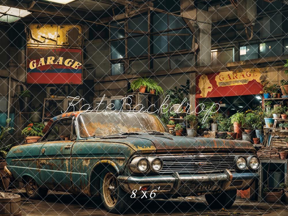 Kate Retro Dark Green Car Garage Backdrop Designed by Emetselch -UK