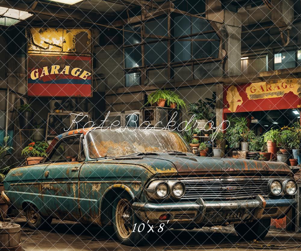 Kate Retro Dark Green Car Garage Backdrop Designed by Emetselch -UK