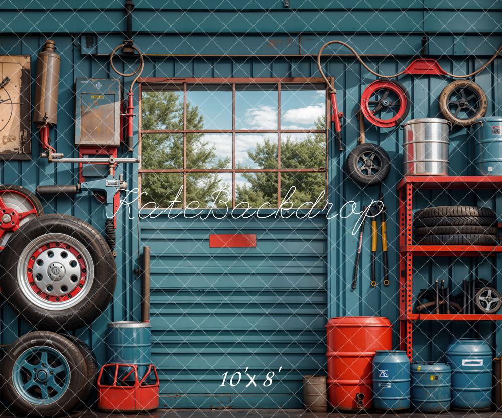 Kate Ink Blue Wall Tires Tools Garage Backdrop Designed by Emetselch