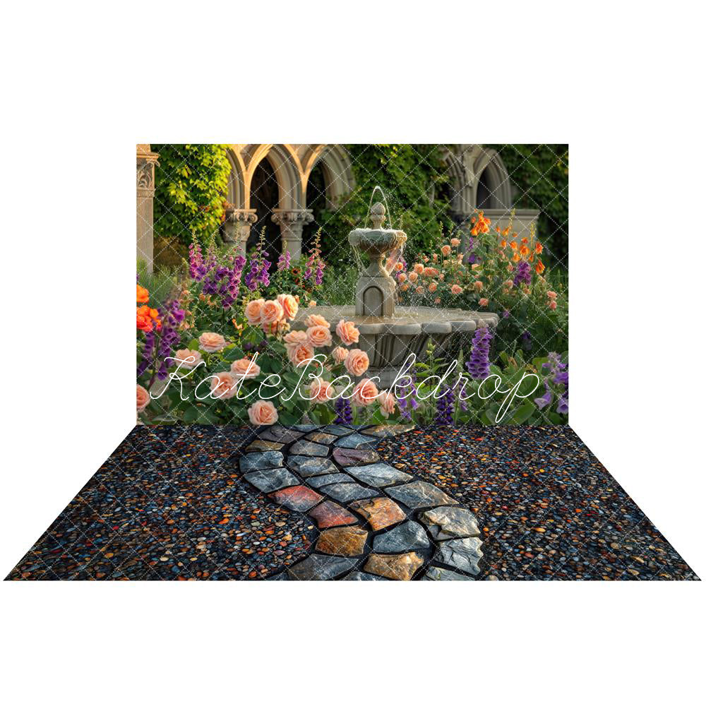 Kate Spring Colorful Flower Fountain Garden Backdrop+Stones Path Rubber Floor Mat