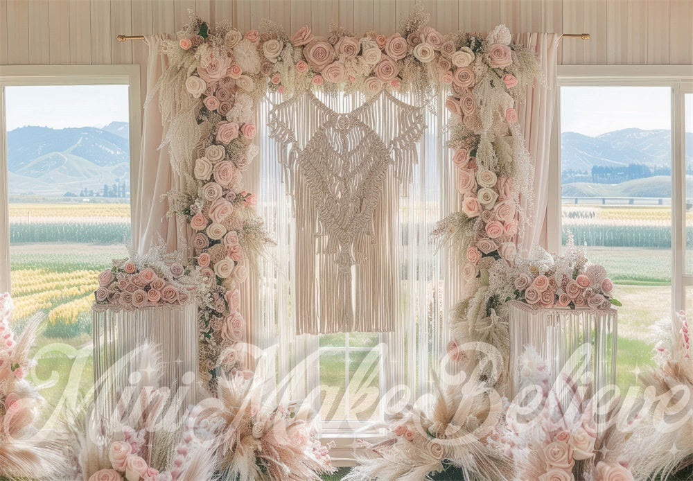 Kate Spring Boho Pink Flower Window Wedding Backdrop Designed by Mini MakeBelieve