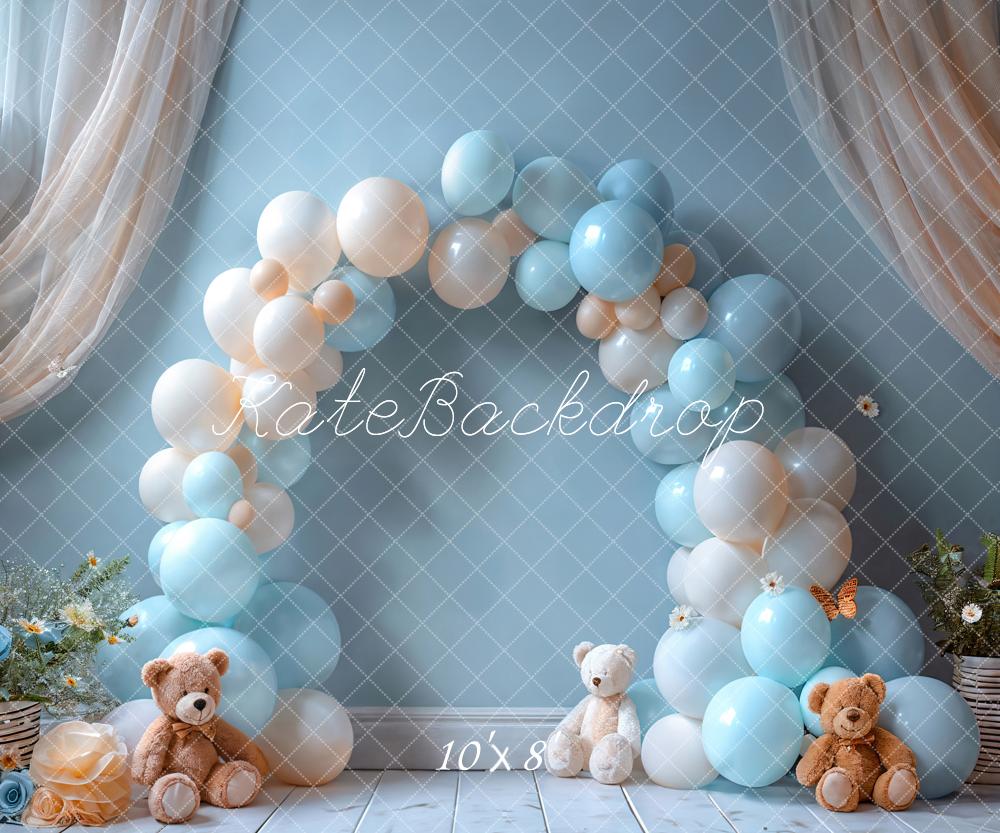 Kate Cake Smash Blue Balloon Arch Teddy Bear Backdrop Designed by Emetselch