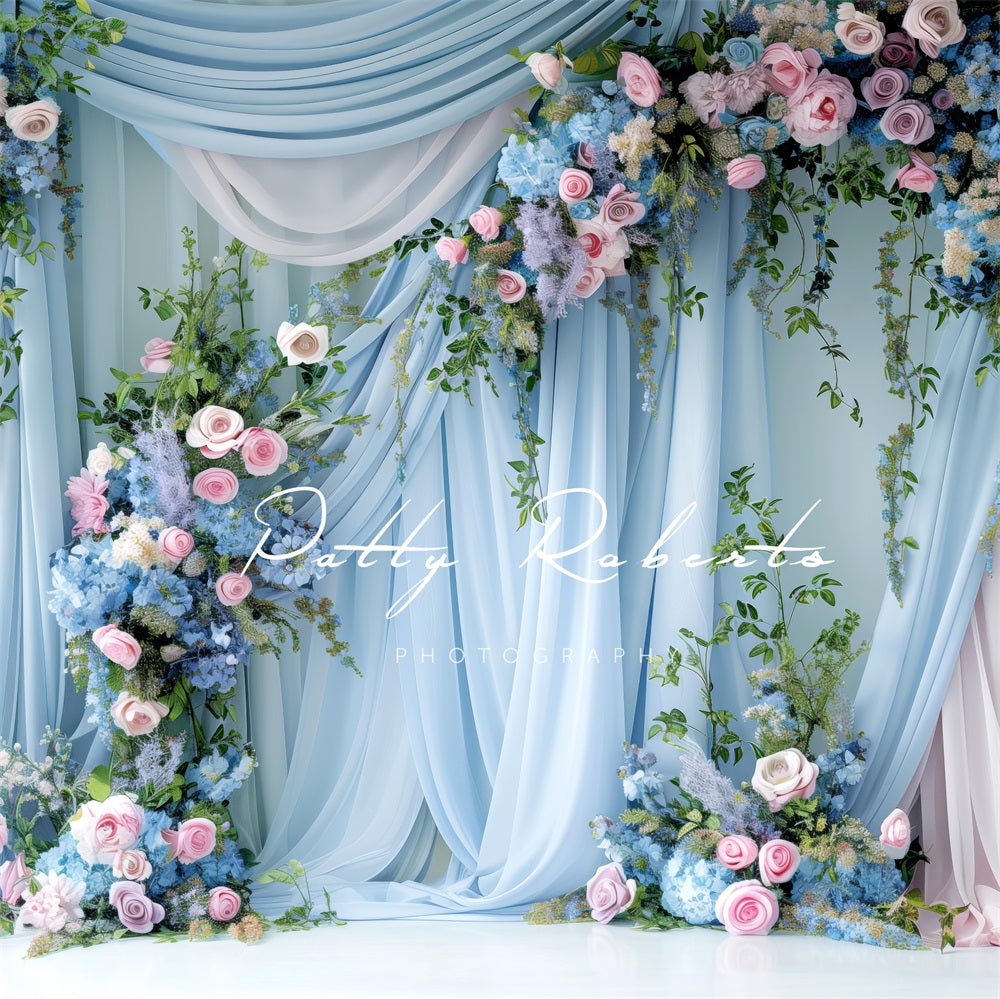 Kate Spring Blue Floral Curtain Wedding Backdrop Designed by Patty Robert