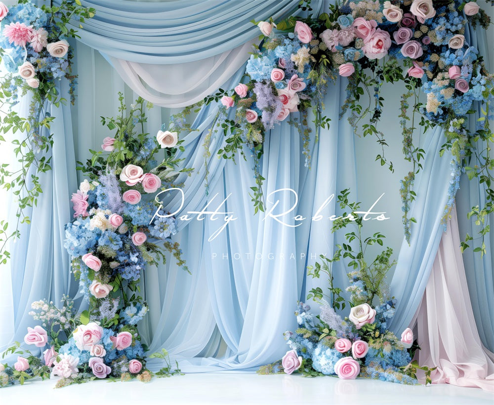Kate Spring Blue Floral Curtain Wedding Backdrop Designed by Patty Robert