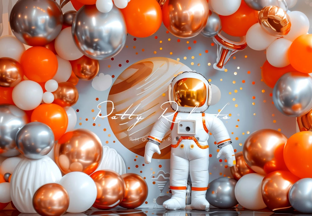 Kate Orange Balloon Space Astronaut Backdrop Designed by Patty Robert