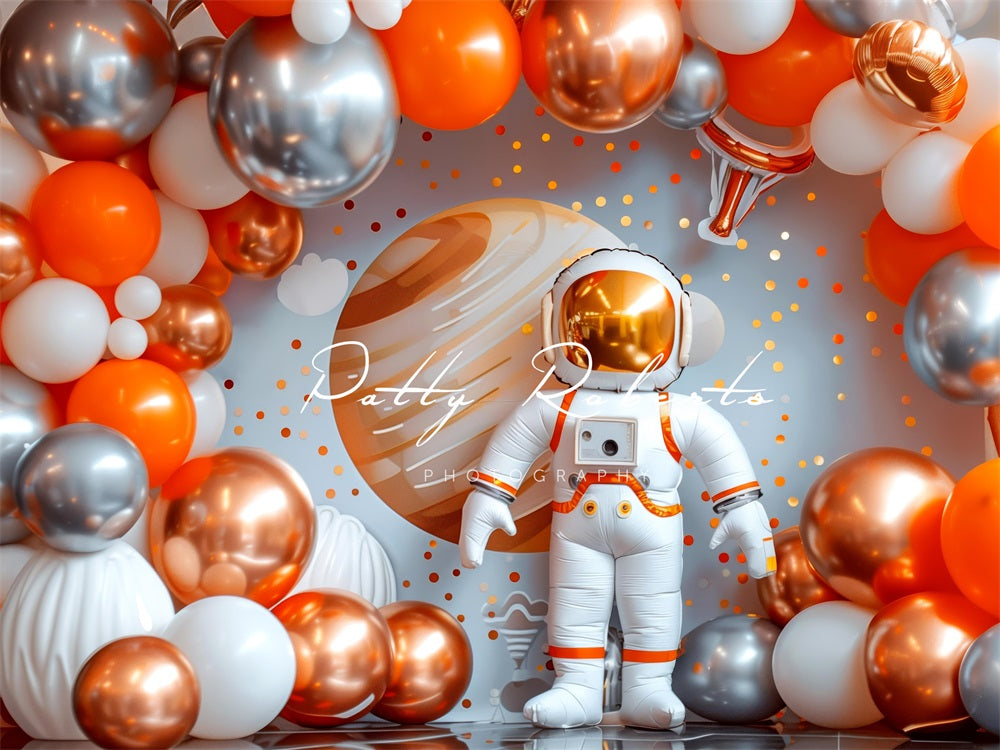 Kate Orange Balloon Space Astronaut Backdrop Designed by Patty Robert