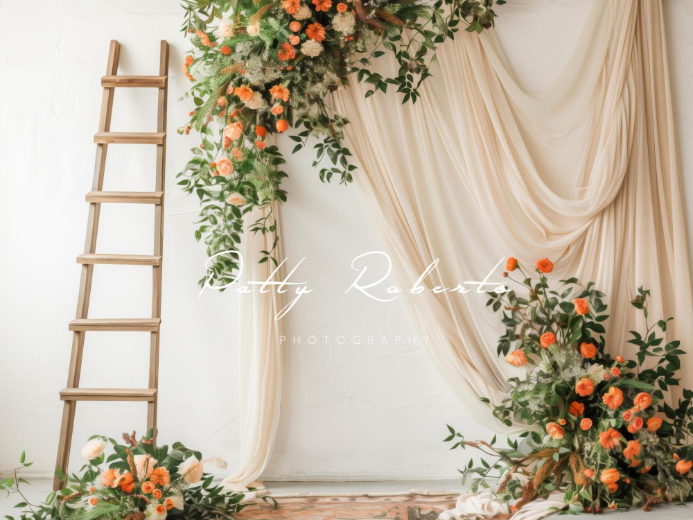Kate Spring Flower Wooden Ladder Beige Curtain Backdrop Designed by Patty Robert -UK