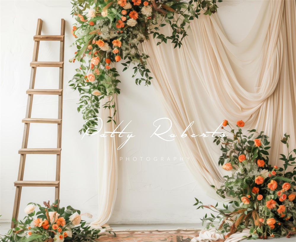 Kate Spring Flower Wooden Ladder Beige Curtain Backdrop Designed by Patty Robert -UK