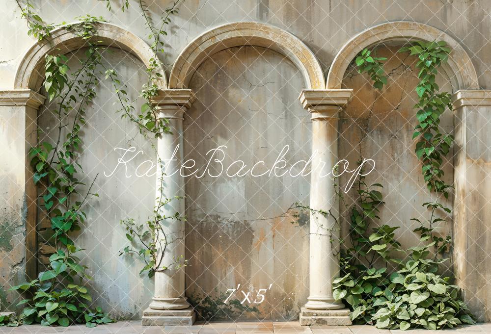 Kate Spring Green Plant Vintage Beige Arch Wall Backdrop Designed by Emetselch