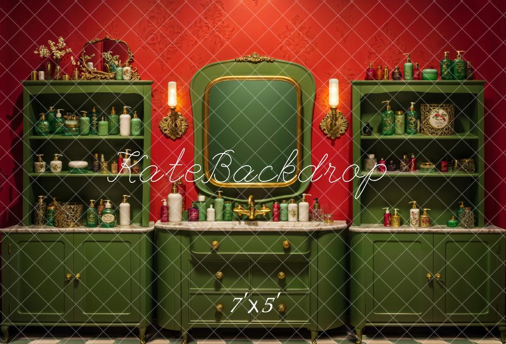 Kate Vintage Red Wall Dark Green Beauty Shop Backdrop Designed by Emetselch