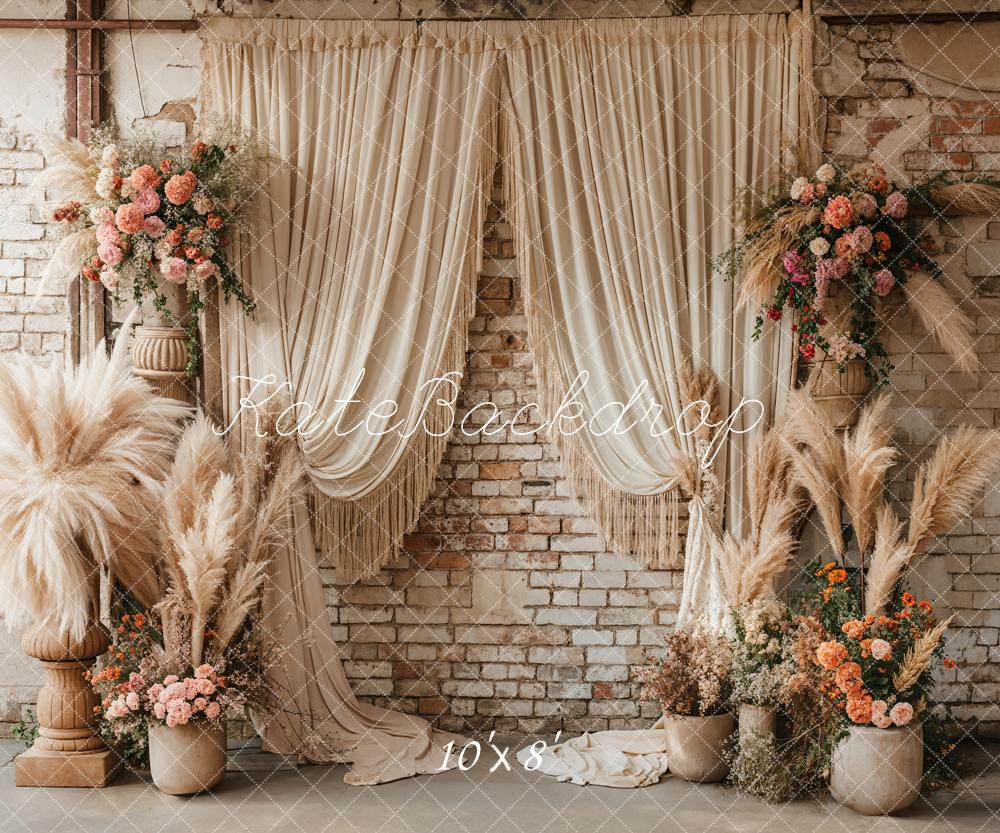 Kate Boho Reed Flower Beige Curtain Brick Wall Backdrop Designed by Emetselch