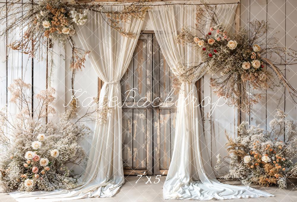 Kate Summer White Floral Curtain Brown Wooden Door Backdrop Designed by Emetselch