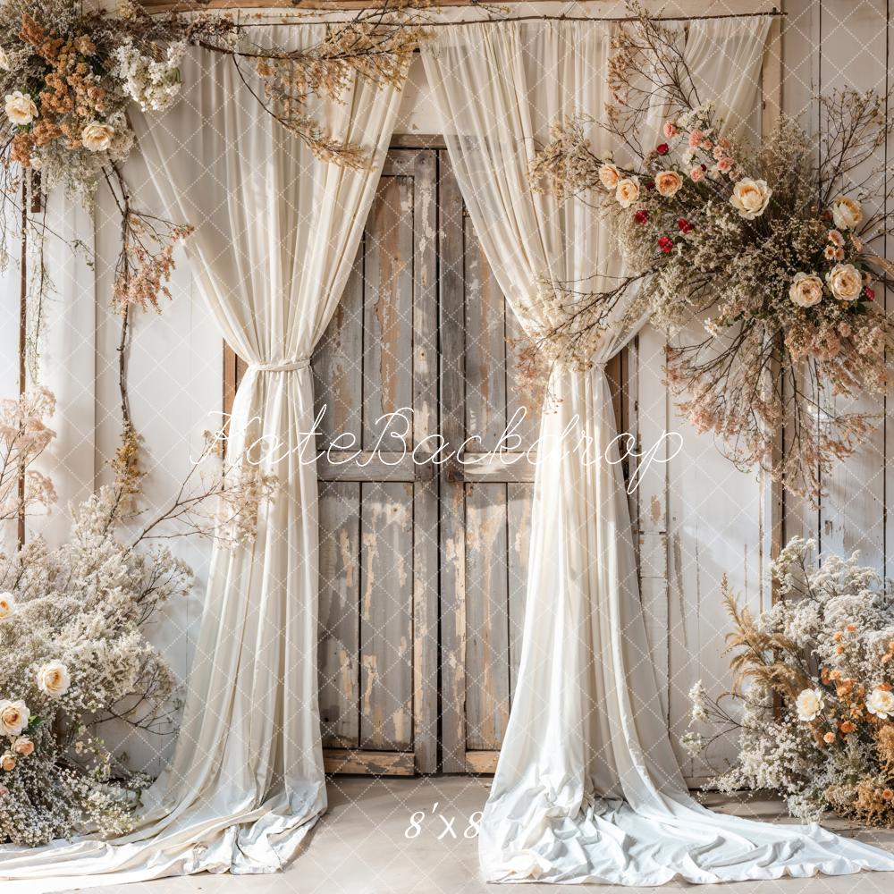 Kate Summer White Floral Curtain Brown Wooden Door Backdrop Designed by Emetselch