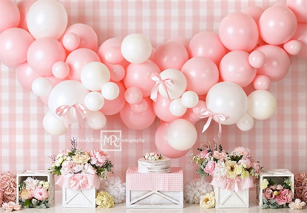Kate Pink White Balloon Plaid Wall Backdrop Designed by Mandy Ringe Photography -UK
