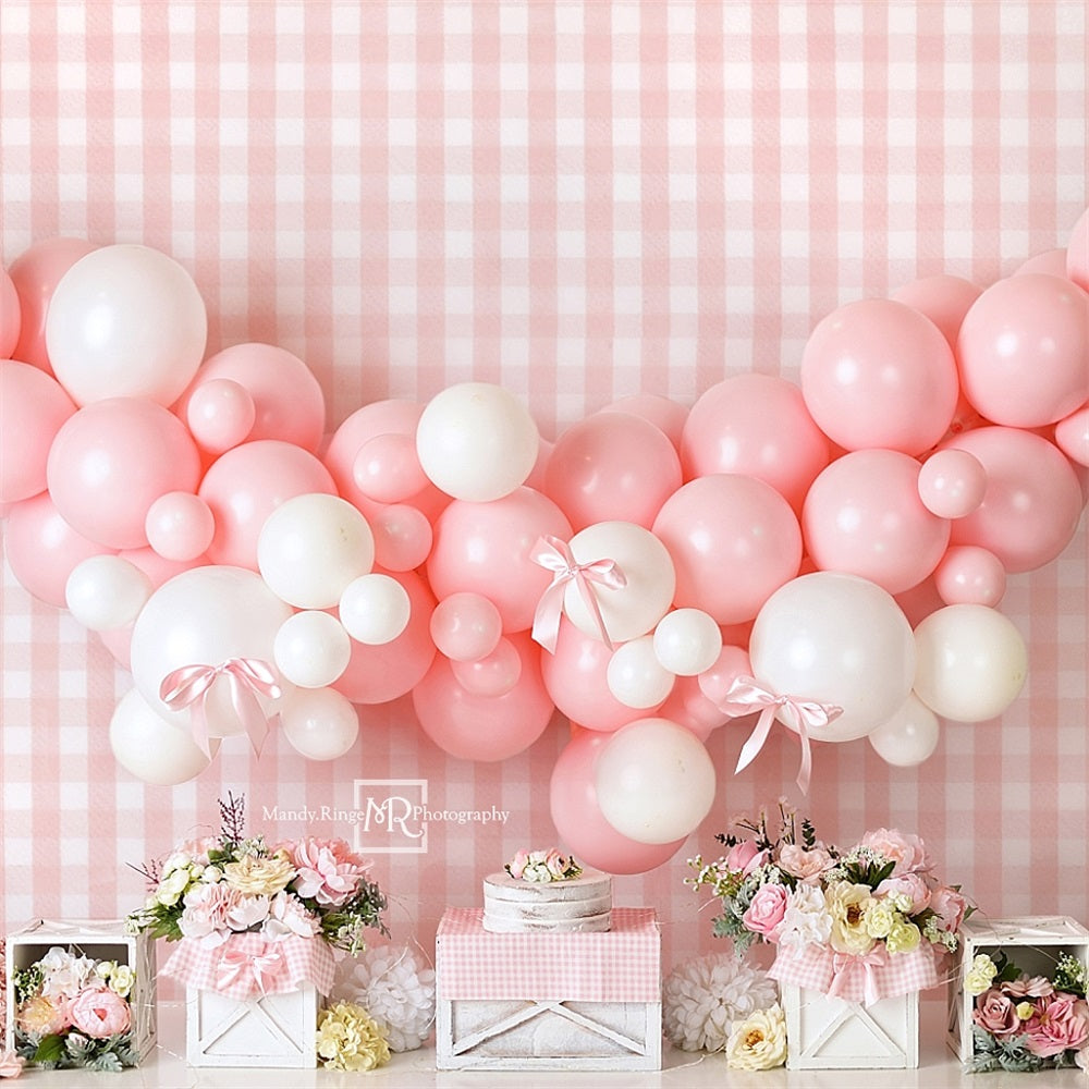 Kate Pink White Balloon Plaid Wall Backdrop Designed by Mandy Ringe Photography -UK