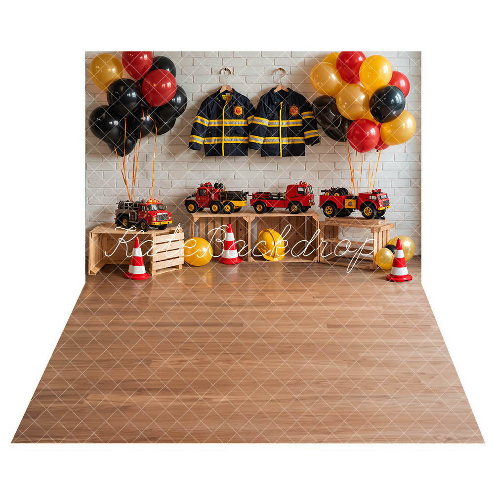 Kate Fire Fighting Balloons Uniform Backdrop+Light Brown Wooden Floor Backdrop