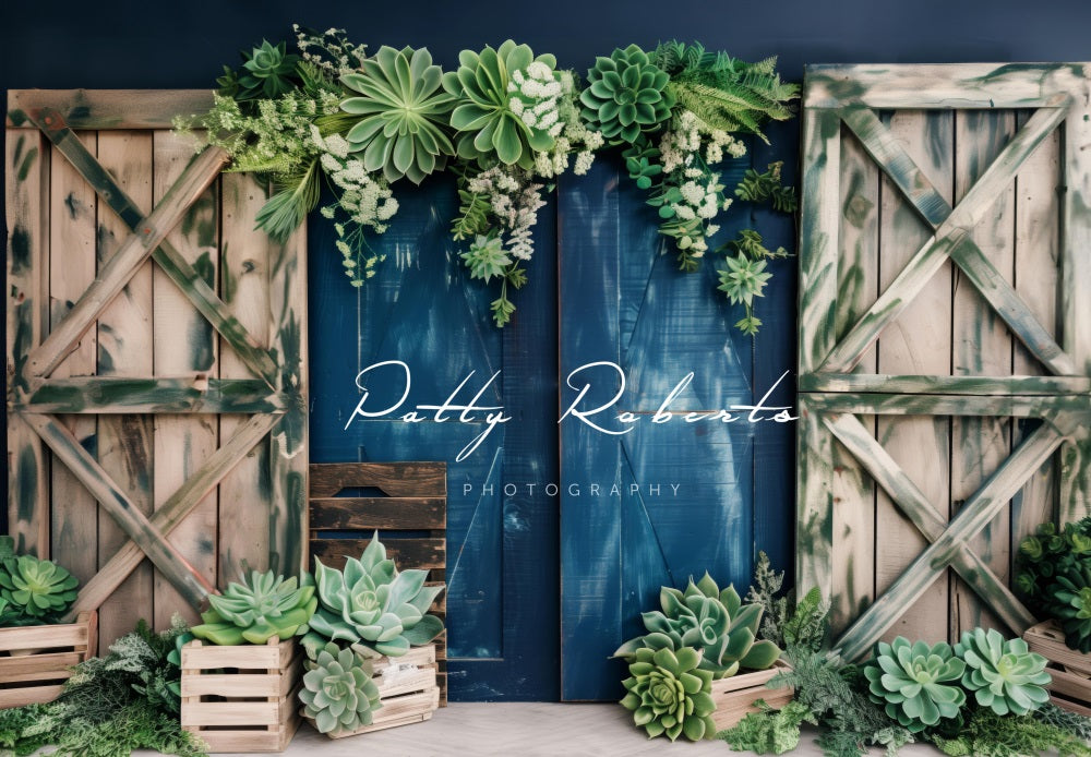 Kate Summer Green Plant Wooden Barn Door Backdrop Designed by Patty Robert