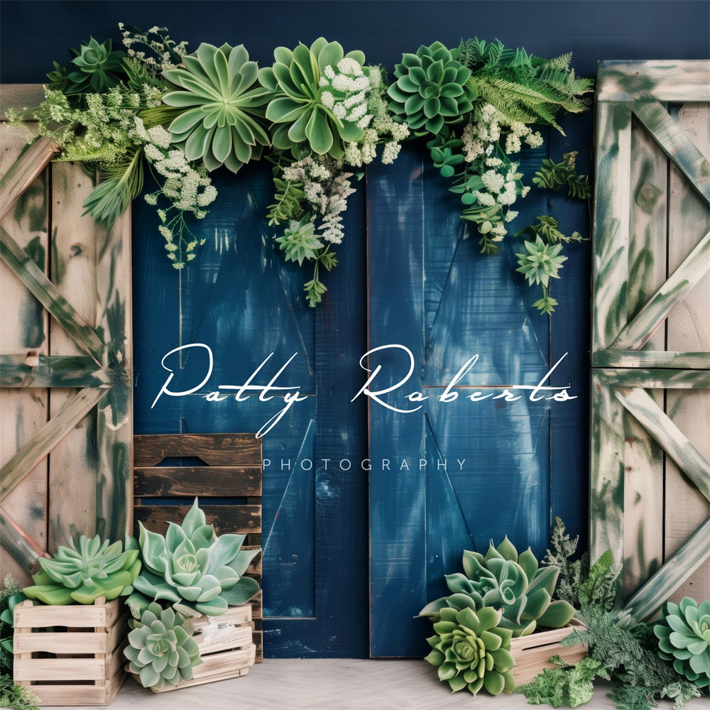 Kate Summer Green Plant Wooden Barn Door Backdrop Designed by Patty Robert