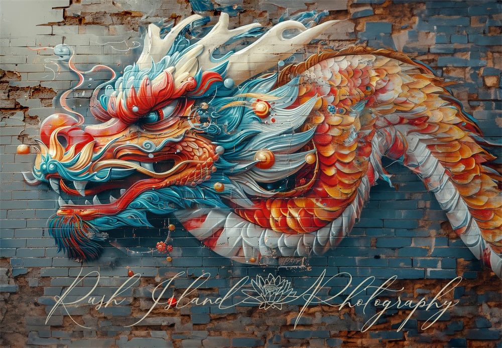 Kate Vivid Colorful Graffiti Dragon Brick Wall Backdrop Designed by Laura Bybee -UK
