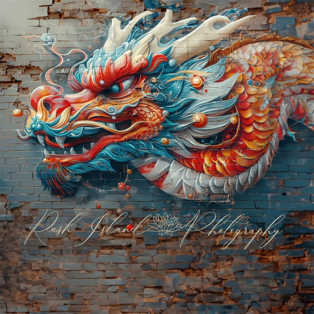 Kate Vivid Colorful Graffiti Dragon Brick Wall Backdrop Designed by Laura Bybee -UK