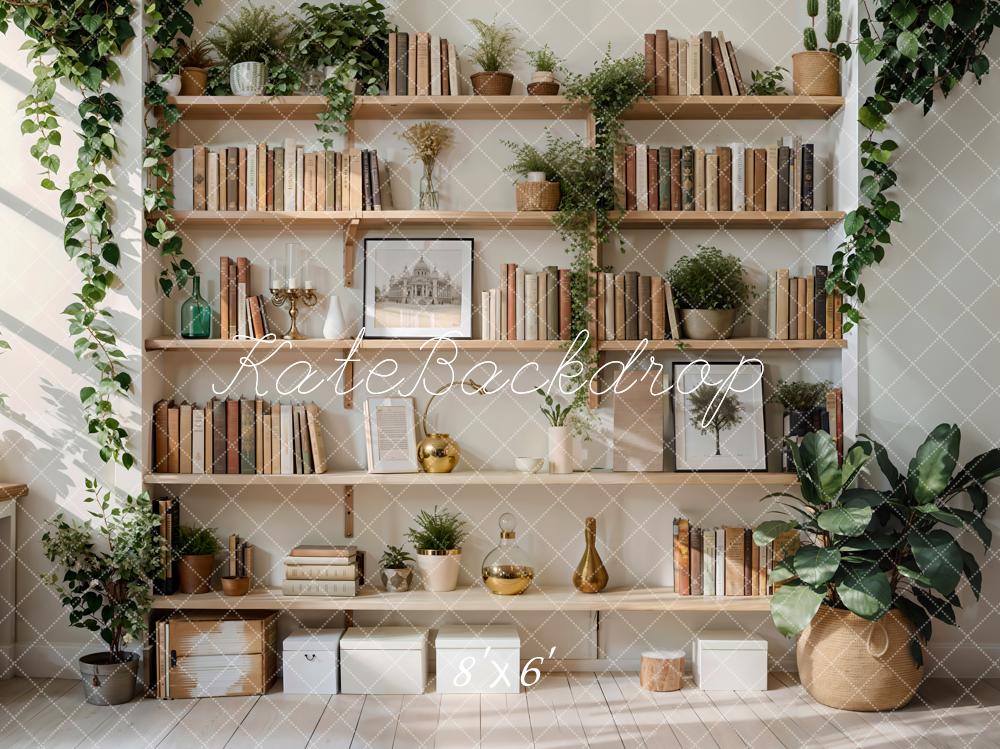 Kate Spring Green Plant Wooden Bookshelf Backdrop Designed by Emetselch