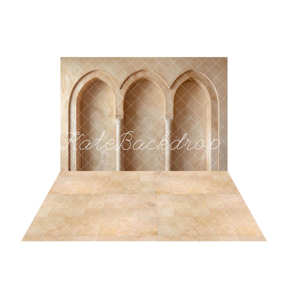 Kate Retro Beige Arch Wall Backdrop+Light Brown Marble Plaid Floor Backdrop -UK