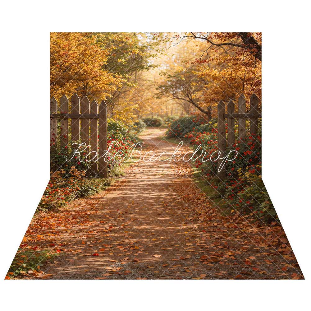 Kate Autumn Forest Path Fence Backdrop+Fallen Leaves Path Floor Backdrop -UK