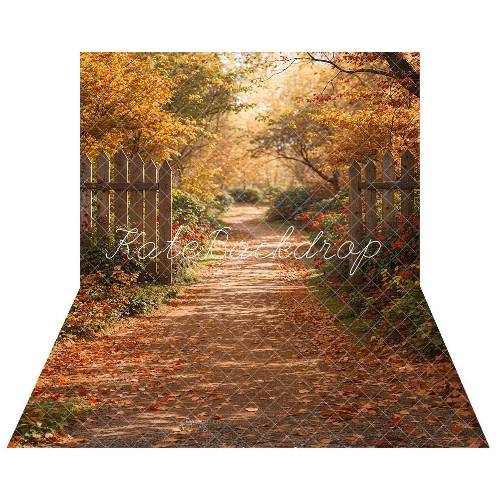 Kate Autumn Forest Path Fence Backdrop+Fallen Leaves Path Floor Backdrop